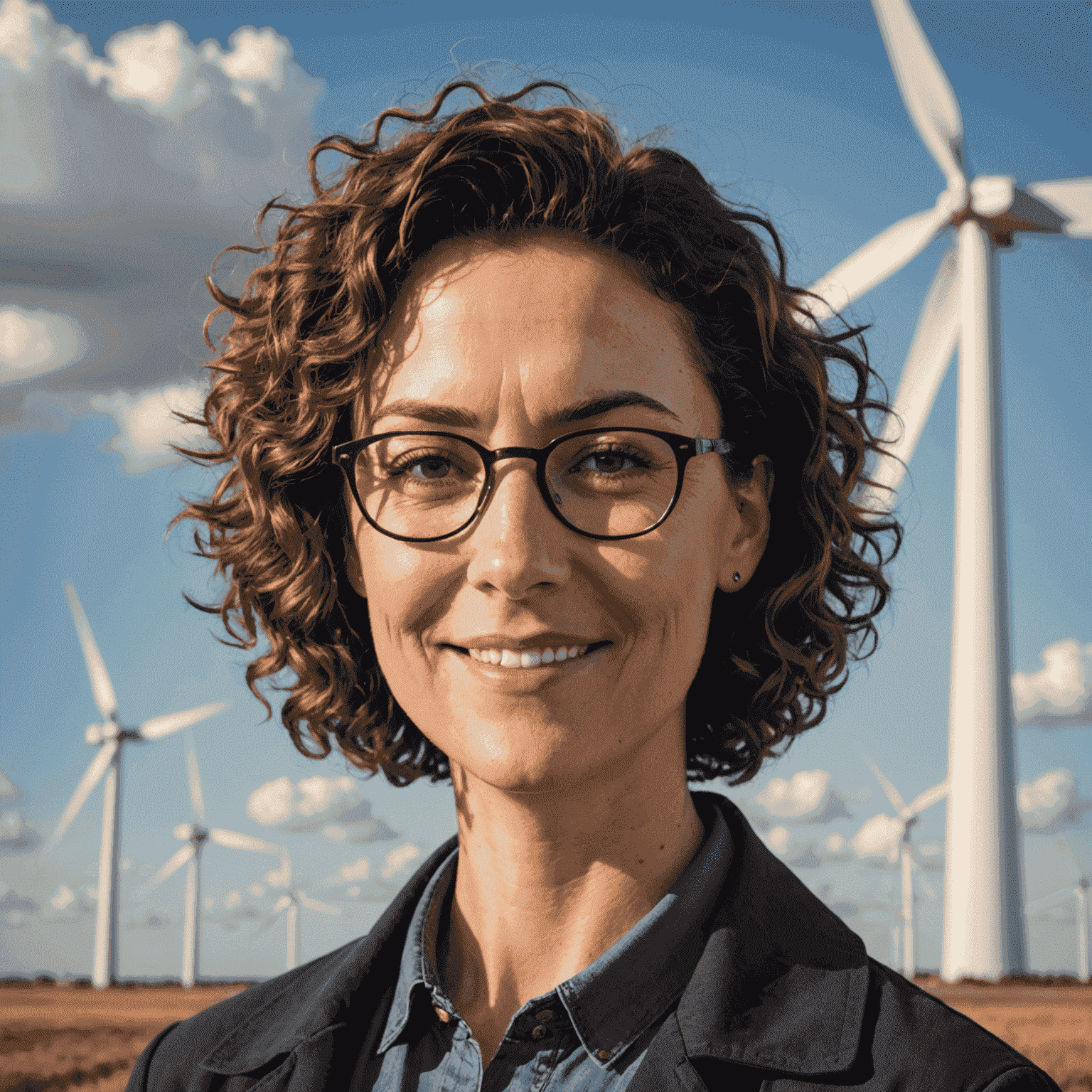 Portrait of Sarah Thompson, an environmental scientist with short curly hair and glasses, smiling confidently in front of a wind turbine