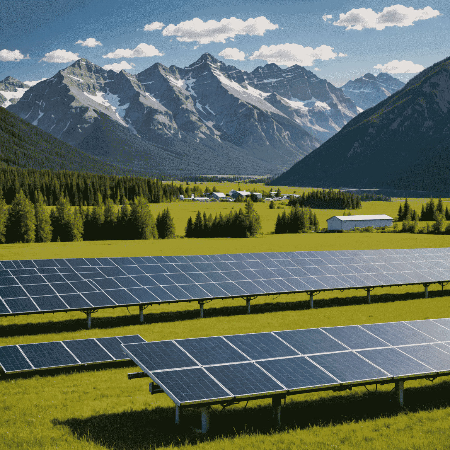 A large solar panel array in a Canadian field with mountains in the background, showcasing the integration of solar technology into the Canadian landscape