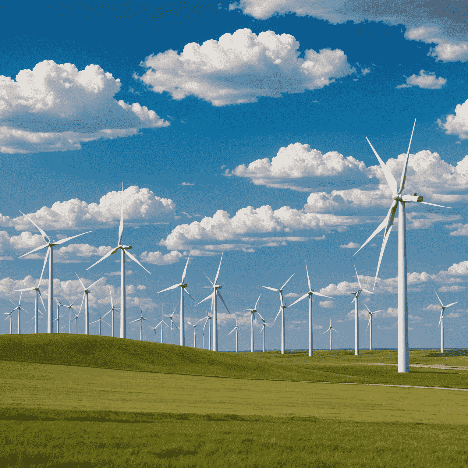 Panoramic view of a large wind farm in the Canadian prairies, with dozens of white wind turbines spread across rolling hills under a blue sky with scattered clouds