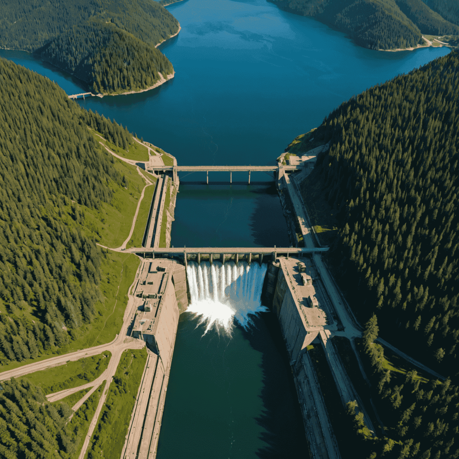 Aerial view of a large hydroelectric dam in Canada, surrounded by lush forests and a vast reservoir