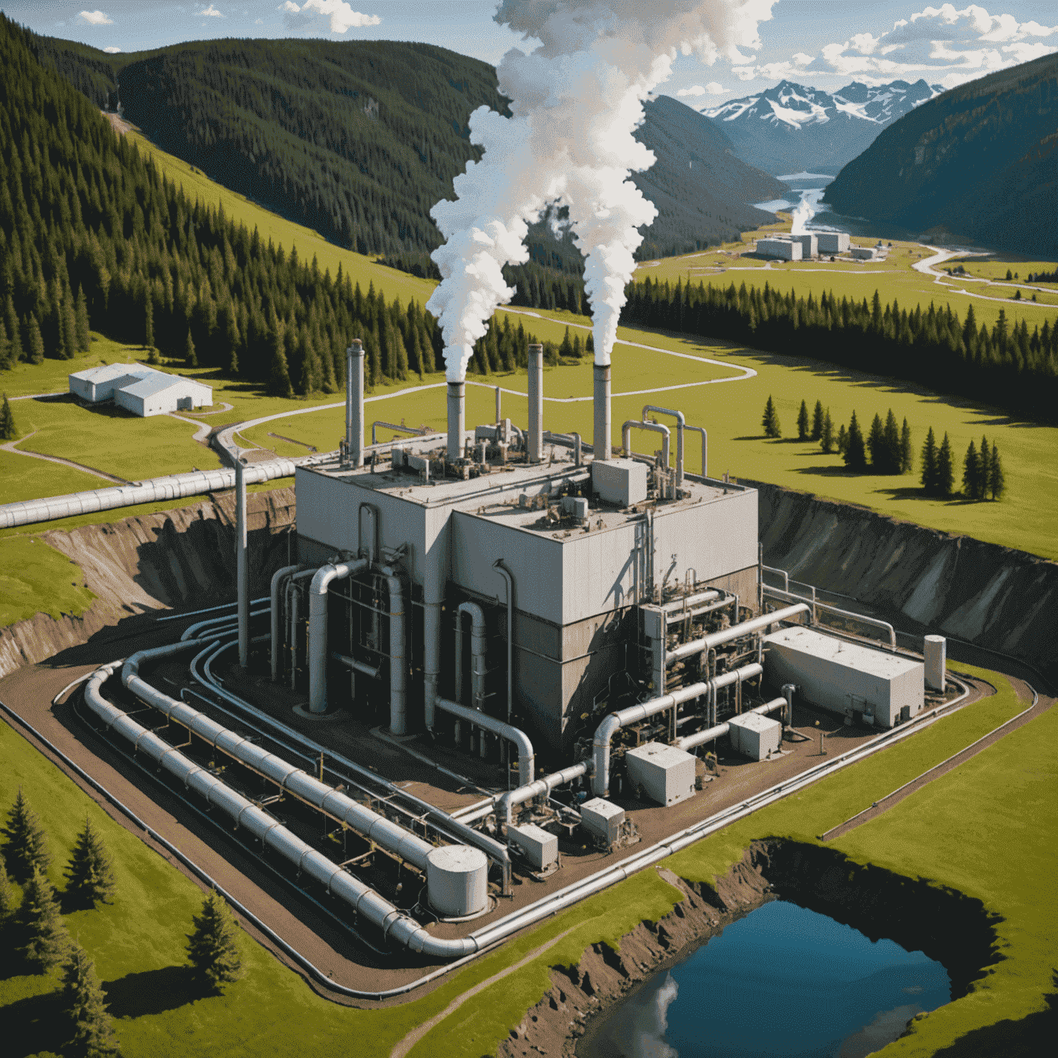 Diagram of a geothermal power plant with underground pipes extracting heat from the Earth's core, surrounded by Canadian landscape