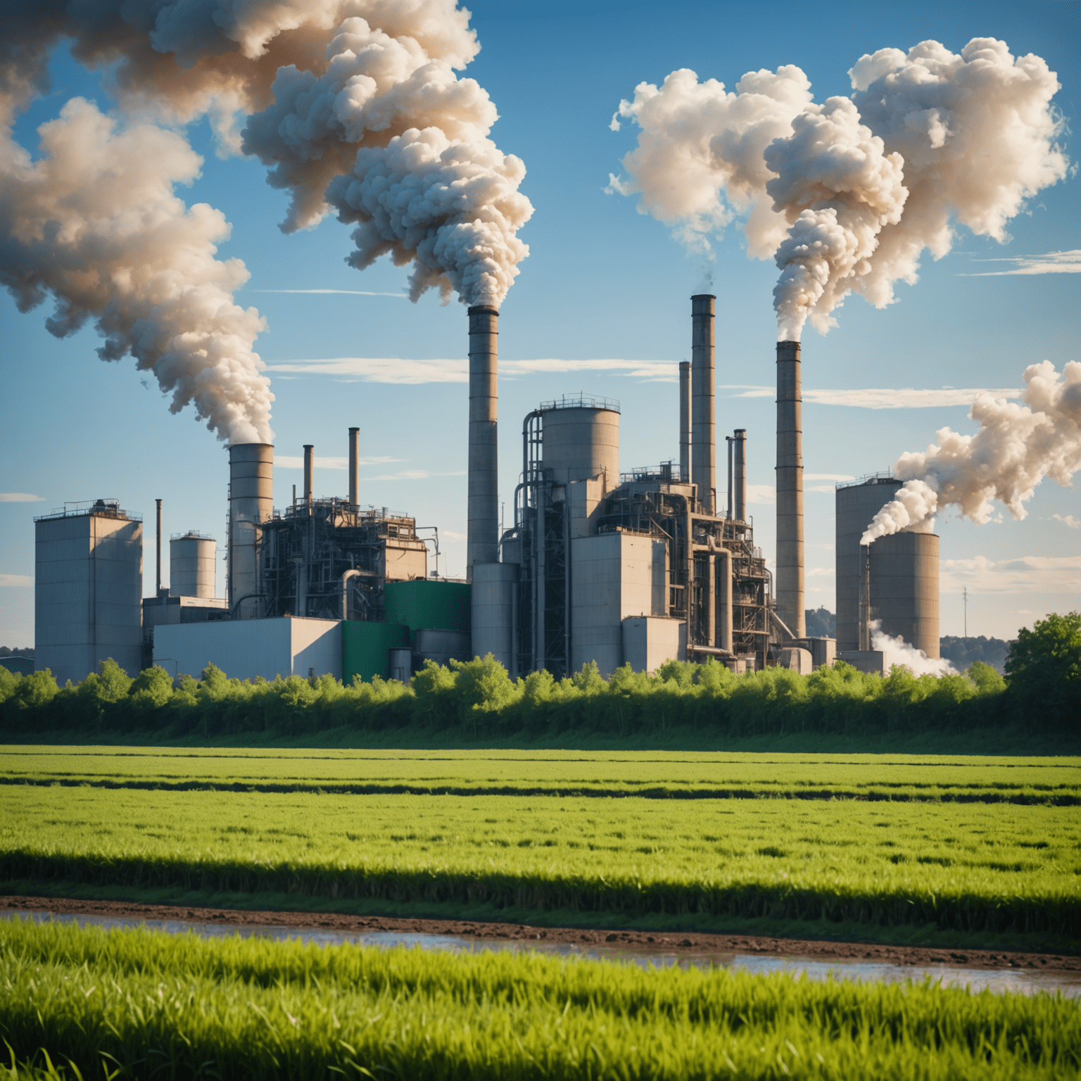 A large biomass power plant with piles of organic waste in the foreground and smoke stacks emitting steam in the background. The plant is surrounded by green fields, symbolizing the renewable nature of biomass energy.