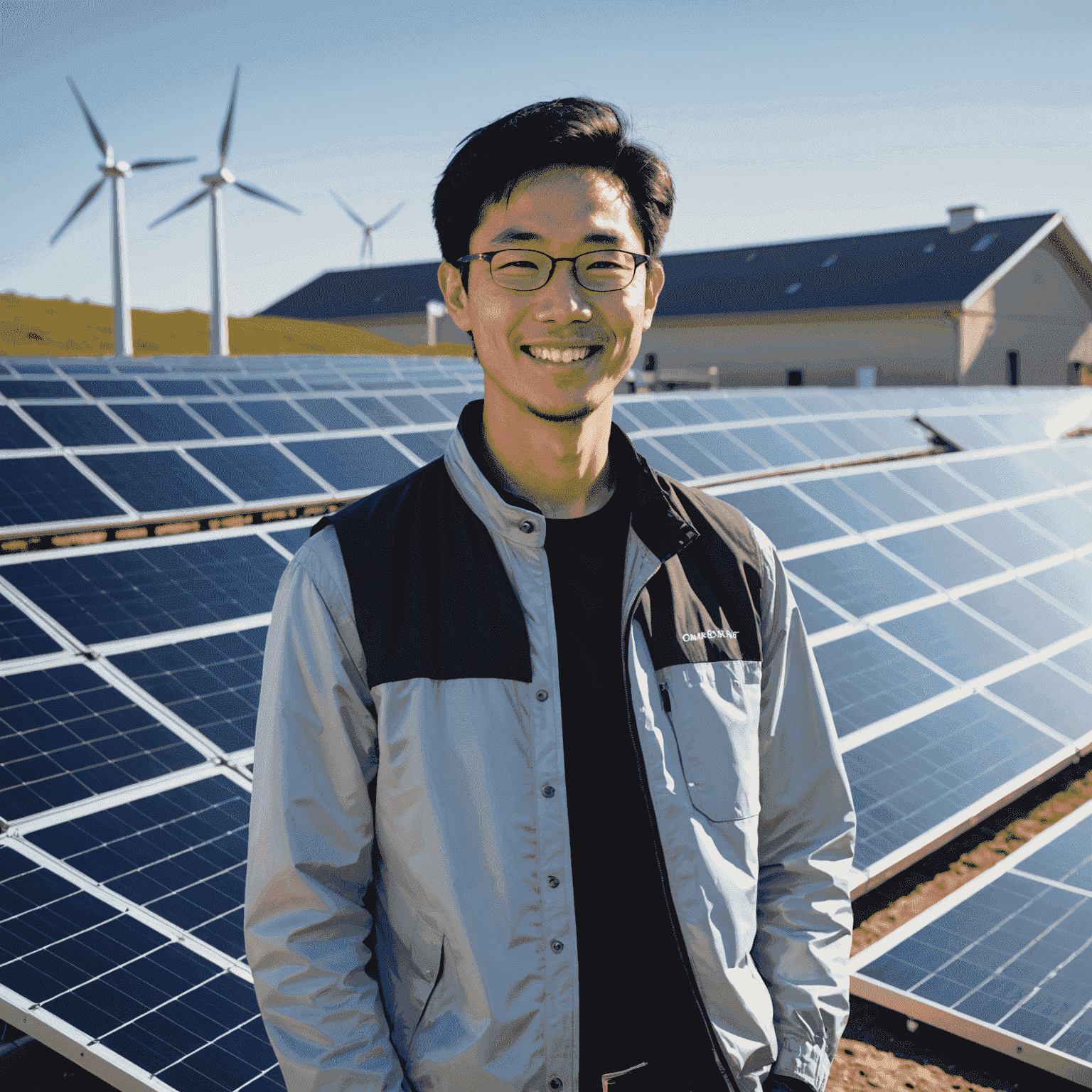 Portrait of Michael Chen, a renewable energy engineer with black hair and a friendly smile, standing next to a solar panel array