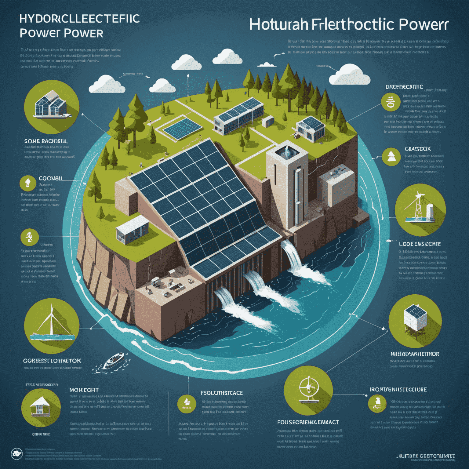 Infographic showing the advantages of hydroelectric power, with icons representing clean energy, low emissions, and long-lasting infrastructure