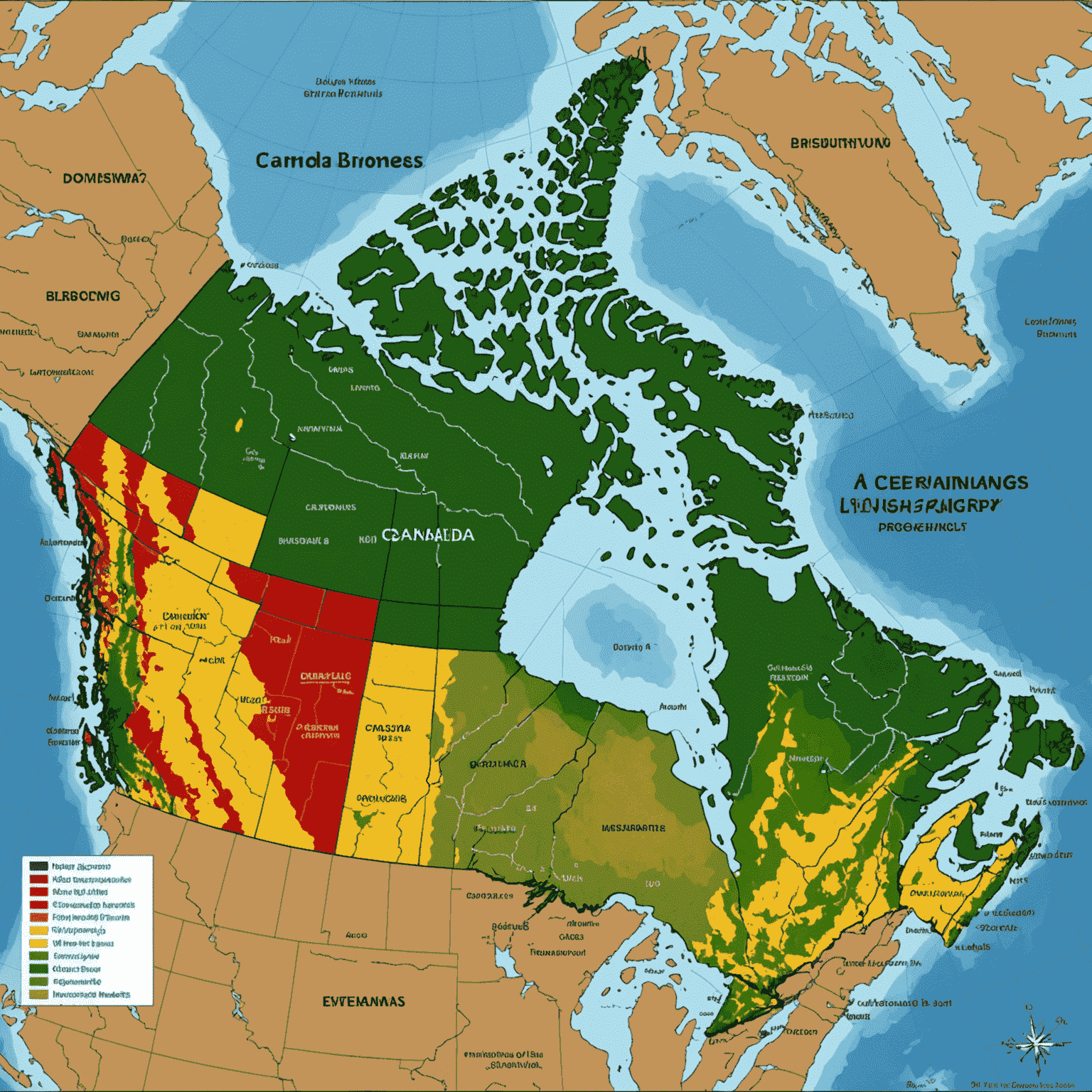 A map of Canada showing the distribution of biomass energy plants across different provinces. Highlighted areas indicate regions with high biomass energy potential, such as forested areas in British Columbia and agricultural regions in the Prairies.