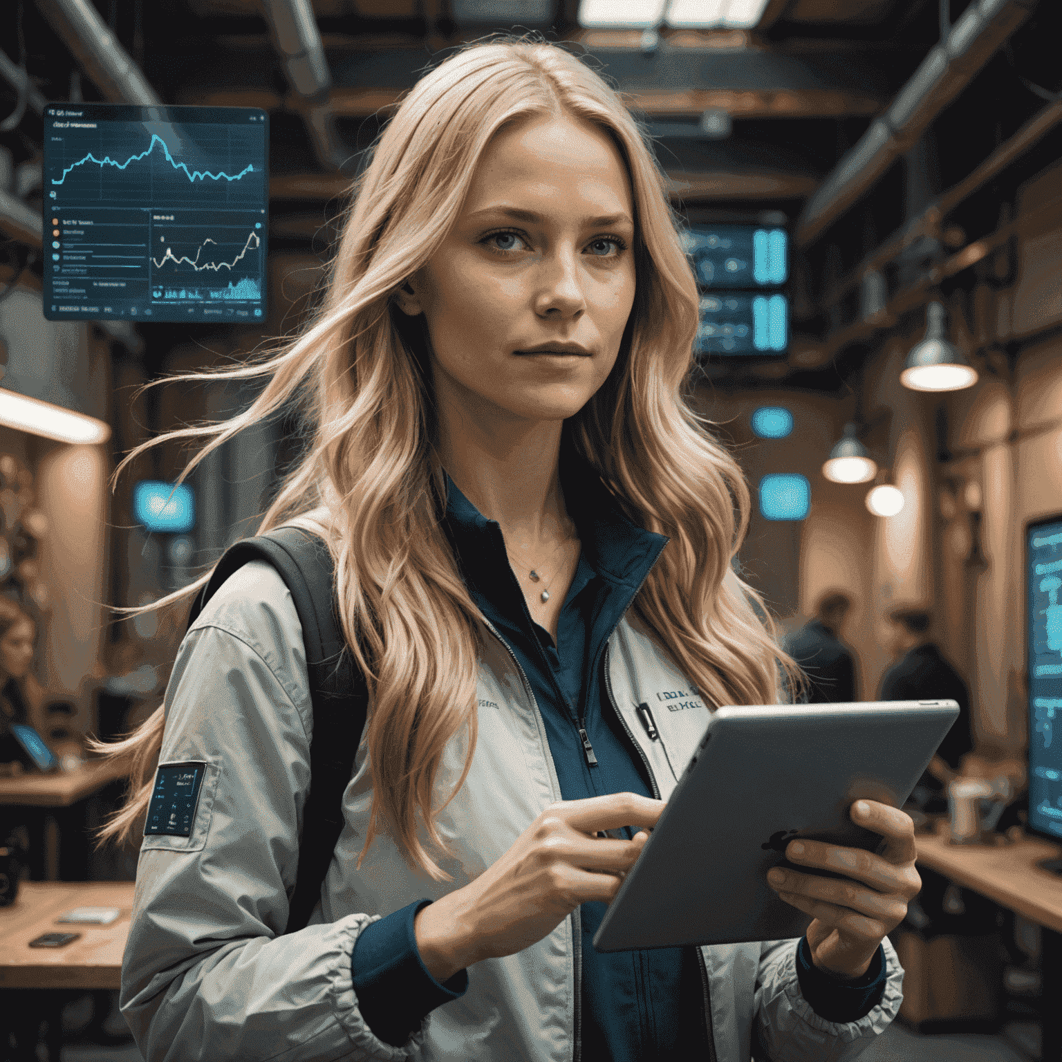 Portrait of Emily Larsson, a tech writer with long blonde hair, wearing eco-friendly clothing and holding a tablet displaying energy data