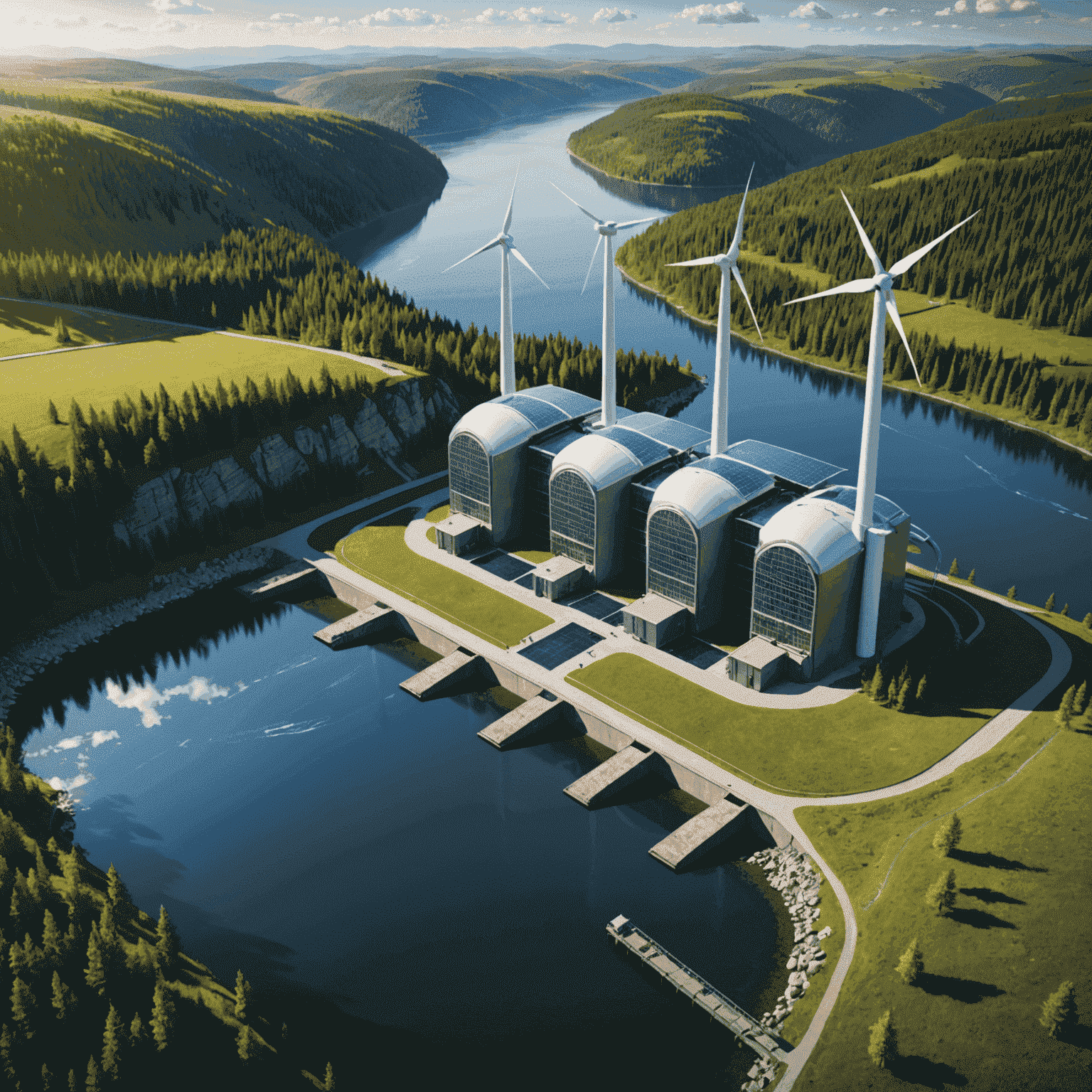 Futuristic render of a modern, environmentally-friendly hydroelectric facility integrated with wind turbines and solar panels in a Canadian landscape