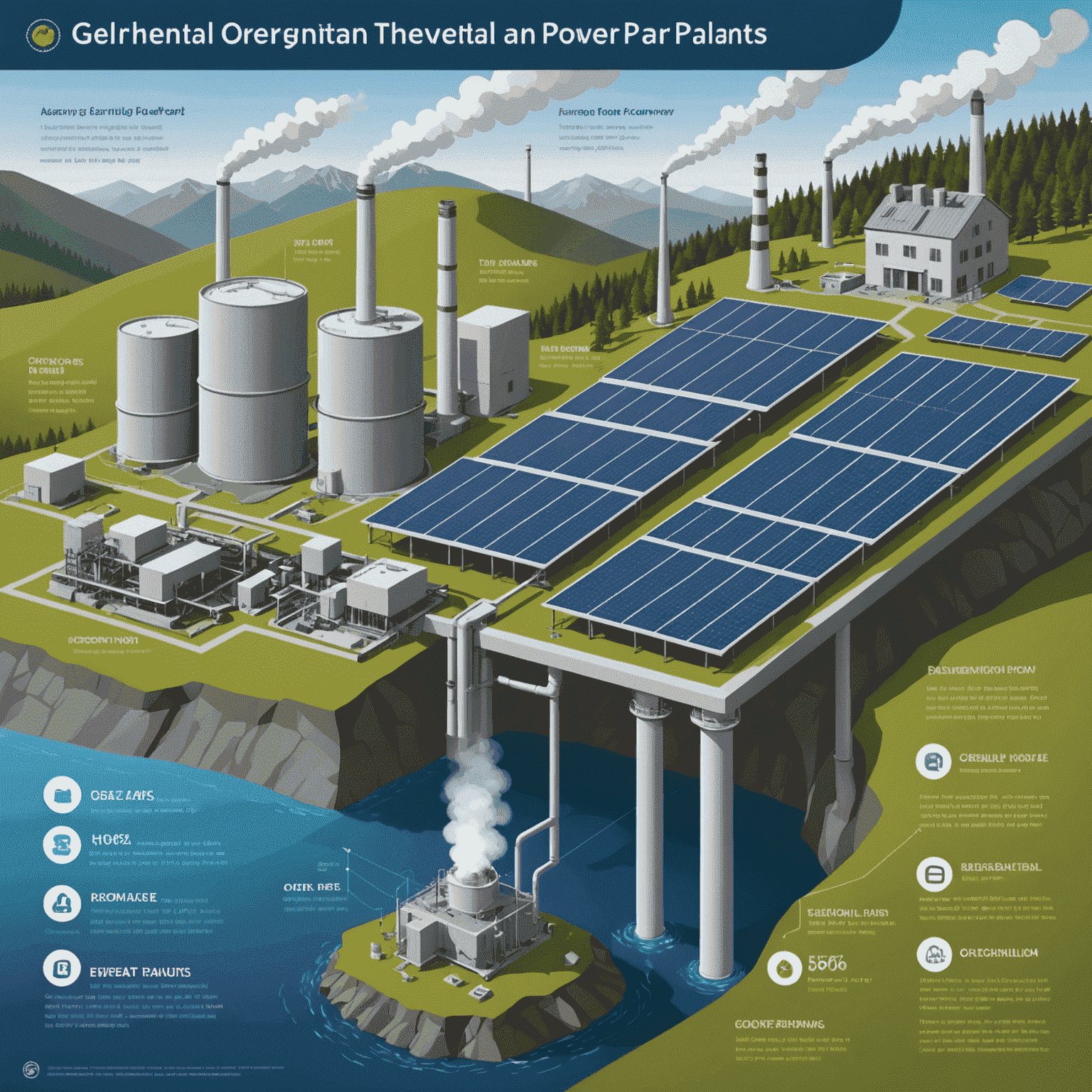 Infographic comparing initial costs, operational costs, and lifespan of geothermal, solar, wind, and hydroelectric power plants