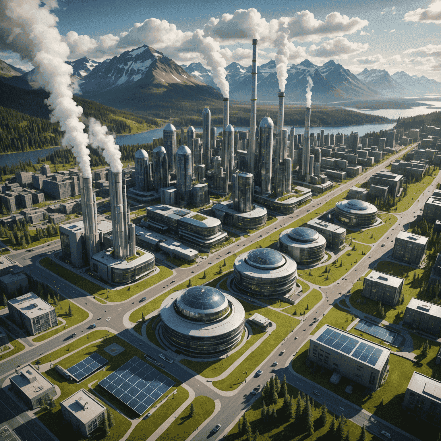 Futuristic render of a Canadian city powered by a mix of renewable energy sources, with geothermal plants prominently featured